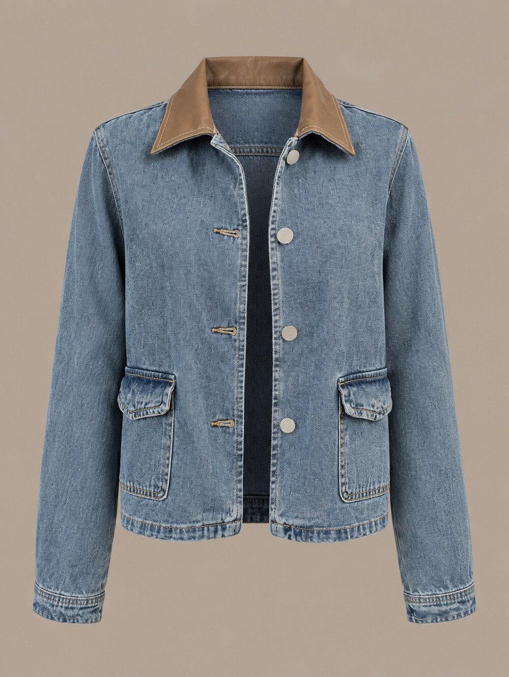 Dazy Women's Light Blue Denim Jacket with Brown Leather-Look Collar